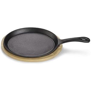 ECHTWERK Serveerpan van gietijzer, mini-pannetje met serveerplank, kleine grillpan, al ingebrand, geschikt voor oven, grill, BBQ en inductie, Ø 18,5 cm