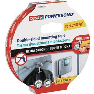 Tesa Powerbond Ultra Strong montagetape, dubbelzijdig, extra sterk plakband, voor permanente bevestiging buiten en binnen, 5 m