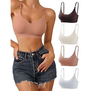 DEANGELMON Bralettes met V-hals Gewatteerde Naadloze Verstelbare Bandjes BH Dagelijks Basic Slaapbeha's, Bruin, Grijs, Abrikoos, Roze, Medium