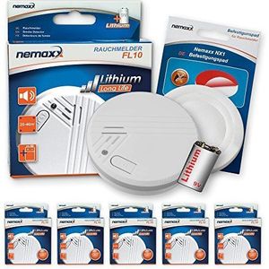 Nemaxx 5FL10NX1 FL10 Rookmelder, werkt op lithiumbatterij, brandmelder, brandmelder, 10 jaar + 5X NX1 Quickfix magneet, 5-delige set