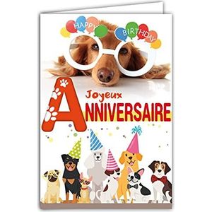 Afie 67-1228 wenskaart voor verjaardag, honden, puppy's, dieren, feest, bril, hoeden met envelop, wit, formaat 12 x 17,5 cm