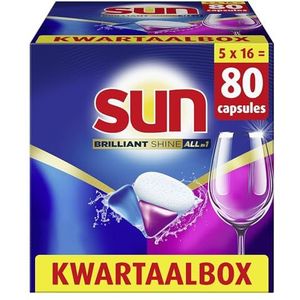 Sun Brilliant Shine All-in 1 Vaatwascapsules, voor krachtige reiniging op 72h vlekken en schitterende glans door Extra Glans technologie - 5 x 16 capsules - Voordeelverpakking
