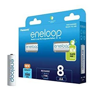 Panasonic eneloop Ready-to-Use Ni-MH batterijen, AA/Mignon, 8-pack, verbeterde capaciteit van min. 2000 mAh, levensduur van 2100 laadcycli, oplaadbare batterijen in plasticvrije verpakking