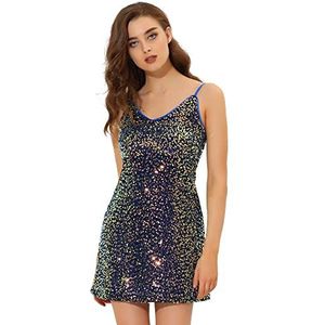 Allegra K Glitter paillettenjurk voor dames, spaghettibandjes, V-hals, feest, cocktail, sprankelende mini-jurk, clubwear, Blauw, M