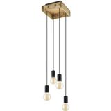 EGLO Hanglamp Wootton, 4-lichts pendellamp in vintage design, eettafellamp van bruin hout en zwart metaal, lamp hangend voor woonkamer, E27 fitting, L x B 25 cm