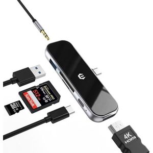 Tymyp iPad Pro USB C Hub Adapter, 6-in-1 USB-C Hub met 4K HDMI/PD 100W/USB 3.0 & 3.5mm Hoofdtelefoonaansluiting/SD/TF-sleuven, compatibel met iPad Pro 2020 2019 2018, iPad Air 4/iPad Mini 6 (6-in-1)
