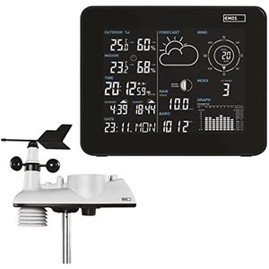 EMOS Professioneel wifi-weerstation met wifi en app, op zonne-energie werkende buitensensor, regenmeter en windmeter, smart draadloos weerstation met weersvoorspelling, thermometer en barometer