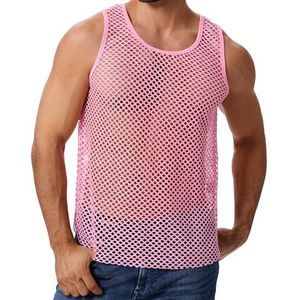 ABAFIP Mannen Mouwloze Visnet Tank Top Mesh Sheer Ondershirt Semi See Thru Workout Gym Slim Fitted Muscle Tee Shirt, PINK, M