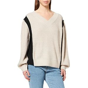 IPEKYOL Womens Colorblock Scuba Detaililed Knitwear Sweater, Natural, Large