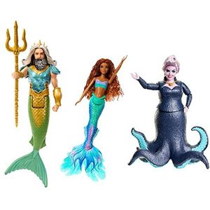 Mattel Disney De Kleine Zeemeermin, Ariël, Koning Triton en Ursula poppen, set met 3 modepoppen in karakteristieke outfits, speelgoed geïnspireerd op de film HND28