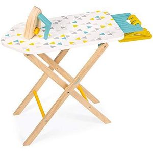 Janod - Children's Ironing Board, with Sliding Shelf + 1 Iron + 3 Hangers - Imitation Wood Toy - FSC Certified - from 3 Years Old, J06502, White