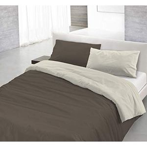 Italian Bed Linen Natuurlijke kleur Dekbedovertrek Set met Doubleface Effen Kleur Tas Sheet en Kussensloop, 100% Katoen, Bruin/Crème, enkel
