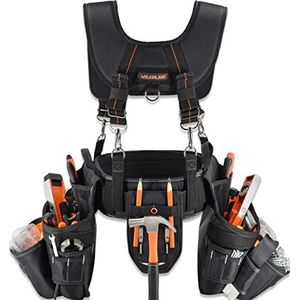 Gereedschapsriem voor mannen met 39 vakken en bretels, gevoerde riem van 10 cm, timmermannen, zwart/oranje, één maat
