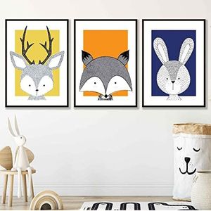 Artze Wall Art Kwekerij Bosdieren Art Prints 3-delige set, 30 cm Breedte x 40 cm Hoogte, Oranje/Blauw/Geel