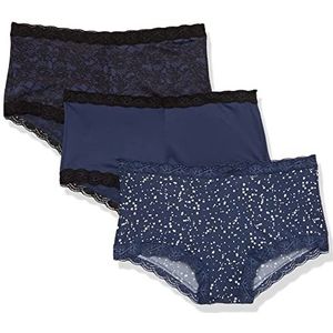 Maidenform Damesslips voor jongens (verpakking van 3 stuks), Marineblauw zwart kant/marineblauw/glanzende sterren, L