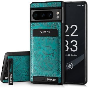 SURAZO Echt leren achterhoesje voor Google Pixel 8 Pro, stootvast leren telefoonhoes met kaartenvak, standfunctie, sleutelhanger, florale slim bumper beschermhoes (ornament turquoise)