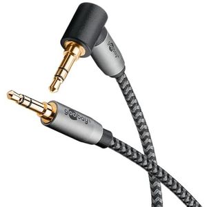 goobay 65279 AUX audiokabel, 2 m, 90 graden schuine stekker, 3,5 mm jackkabel, stoffen tas, geschikt voor mobiele telefoons, hoofdtelefoons, consoles