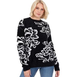 Lovedrobe Damestrui voor dames, sweater, ronde ronde hals, lange mouwen, bloemen, jacquard, elastisch, stretch, casual, gebreide trui, zwart, maat 52-54, zwart, 52/54 NL
