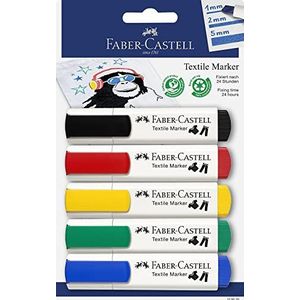 Faber-Castell 159520 Textielmarker in standaardkleuren, geschikt voor lichte stoffen, verpakking van 5 stuks, ideaal voor babydouches, kinderverjaardagen, vrijgezellenfeesten