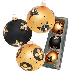 Dekohelden24 Lauschaer Kerstboomversiering - set van 3 glazen ballen in goud en mat - zwart, mondgeblazen en met de hand versierd, met gouden kroontjes, diameter ca. 8 cm