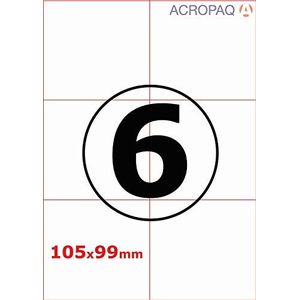 Acropaq Labels, 100 vellen DIN A4, 6 etiketten (105 x 99 mm) per vel A4 = 600 zelfklevende etiketten, wit voor inkjetprinters, laserprinter en kopieerapparaat