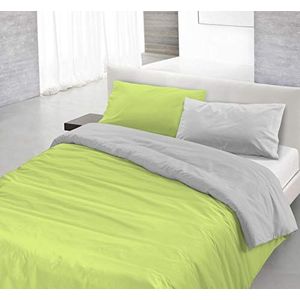 Italian Bed Linen Natuurlijke kleur Dekbedovertrek Set met Doubleface Effen Kleur Tas Sheet en Kussensloop, 100% Katoen, Zuurgroen/Lichtgrijs, kleine dubbele