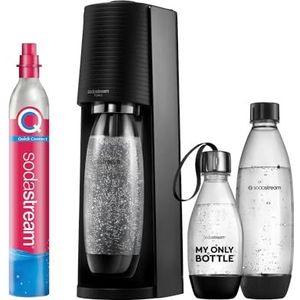 SodaStream Bruiswatermachine TERRA voordeelverpakking met CO2-cilinder, 2 x 1 l vaatwasmachinebestendige kunststof fles en 1 x 0,5 l vaatwasmachinebestendige kunststof fles, hoogte 44 cm, zwart