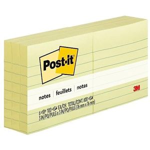 Post-it 6306PK zelfklevende notitieblaadjes, gelinieerd, 76 x 76 mm, 6 blokken à 100 vel, geel