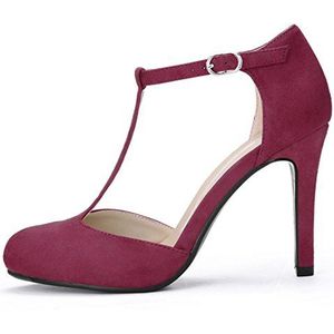 Allegra K Dames ronde teen stilettohak T-strap jurk pumps, Bordeaux, 36.5 EU