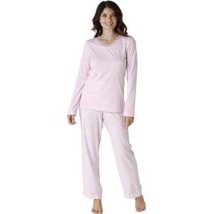 Lovable Lange pyjamaset van katoen en modal, V-hals en ruches van kant voor dames, Roze, XL