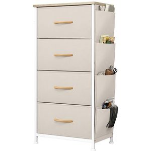YITAHOME Ladecommode, dressoir met zijzakken en haken, stof 4 laden met handgrepen, metalen frame, houten blad, voor slaapkamer, woonkamer, kinderkamer, hal, beige