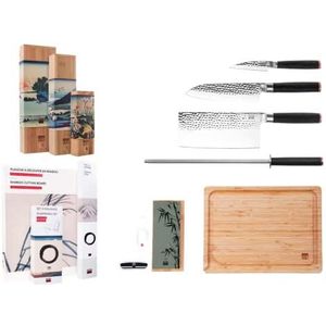 De Aziatische Deluxe-set 6-delig (B): 3 messen (officemes + Santoku + hakmolen) + 3 accessoires (bamboe snijplank + schuurgeweer + slijpset korrel 400/1000)