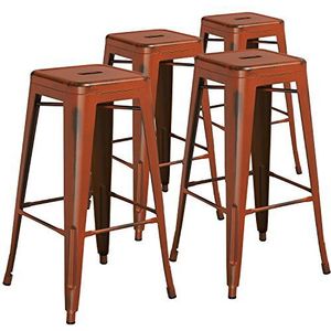 Flash Furniture Kai Commercial Grade 4 Pack 30 ""Hoge Backless Verontruste Oranje Metaal Binnen-Buiten Barkruk