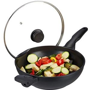 Relaxdays wokpan inductie - wok met deksel - wajan met grepen - aluminium wadjan - zwart