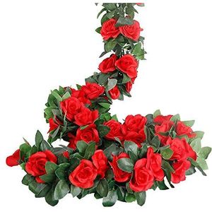 LESING Rozenslingers kunstmatige rozenwijnstokken, 4 stuks nepzijden bloemenslingers met groene planten, bruiloft hangende bloemenwijnstokken, slingers voor thuiskantoor, boog, tuindecoratie (rood)
