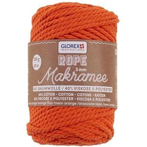 GLOREX 5 1007 35 - Macramé touw 3 mm, 250 g, neon oranje, lengte 63 m, gedraaid, textielgaren gemaakt van 60% katoen, 40% viscose, voor haken, breien, knopen en textielontwerp