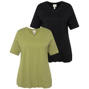 Ulla Popken, Dames grote maten, T-shirts, 2-pack, V-hals, halve mouwen, biologisch katoen, groen, 50/52 NL