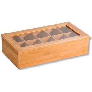 Kesper | Theedoos met 10 vakken en kijkvenster, materiaal: bamboe, afmetingen: B: 36 x D: 20 x H: 9 cm, kleur: bruin | 58901 13