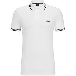 Boss Paul Curved Slim-Fit Poloshirt voor heren, van stretchkatoen met gebogen logo, White100, XXL