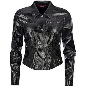 Taifun Damesjas in laklook, nauwsluitend jeansjack, jas gecoat, lederlook, glanzende lange mouwen, manchet, zwart, 42