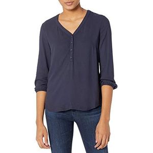 Amazon Essentials Women's Popover shirt met driekwartmouwen en knoopsluiting, Marineblauw, XS