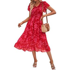 BTFBM Vrouwen Casual Zomer Korte Ruches Gelaagde Mouw Gesmokte Midi Jurken Bohemian Bloemen V-hals Bruiloft Gast Lange Jurken, Bloemen Rood, M