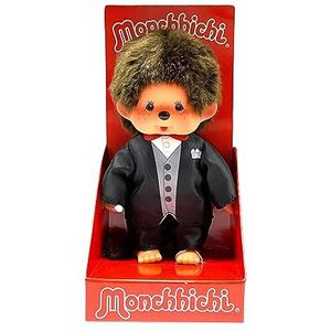 Sekiguchi 244065 - Origineel Monchhichi meisje, pluche figuur met trouwjurk en strikken, ca. 20 cm hoog knuffel van bruin pluche