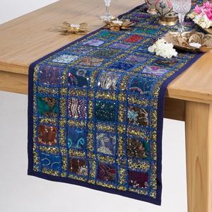 Decoratieve Rajasthani Table Runner - Barmeri Tafelkleden Hand geborduurd Luxe Coffee Dineren Style Kleurrijke Cotton Table Placemat Decor Dark Blue - 30x182 cm