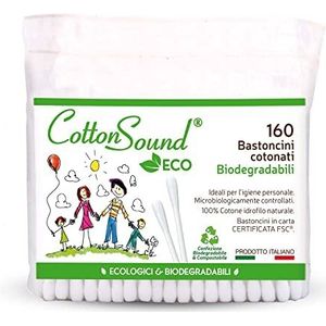 COTTON SOUND Eco-tas met katoenen sticks, 1 pak x 160 stuks, milieuvriendelijke en biologisch afbreekbare wattenstaafjes, 100% puur hydrofiel katoen, composteerbare zak, gemaakt in Italië