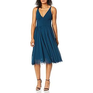 Dress the Population Women's Alicia Plunging Mix Media Sleeveless Fit and Flare Midi Dress, Peacock Blue, m