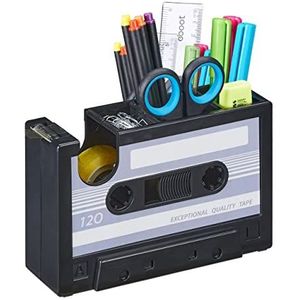 Relaxdays pennenbak cassette, met 3 houders, retro design, bureau organizer, kantoorartikel voor thuis, grijs/zwart