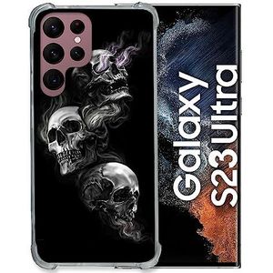Cokitec Beschermhoes van gehard glas voor Samsung Galaxy S23 Ultra doodskop-design, drievoudig