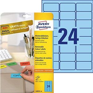 Avery L6032-20 Printbare Etiketten met Verwijderbare Lijm (Label Grootte 63,5 x 33,9 mm, 20 A4 Vellen per Pakket) - Blauw