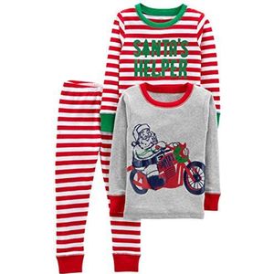 Simple Joys by Carter's Uniseks kinderpyjama, 3-delige snug-fit katoenen kerstpyjamaset, 3 stuks, grijze motorfiets/rode streep, 4 stuks